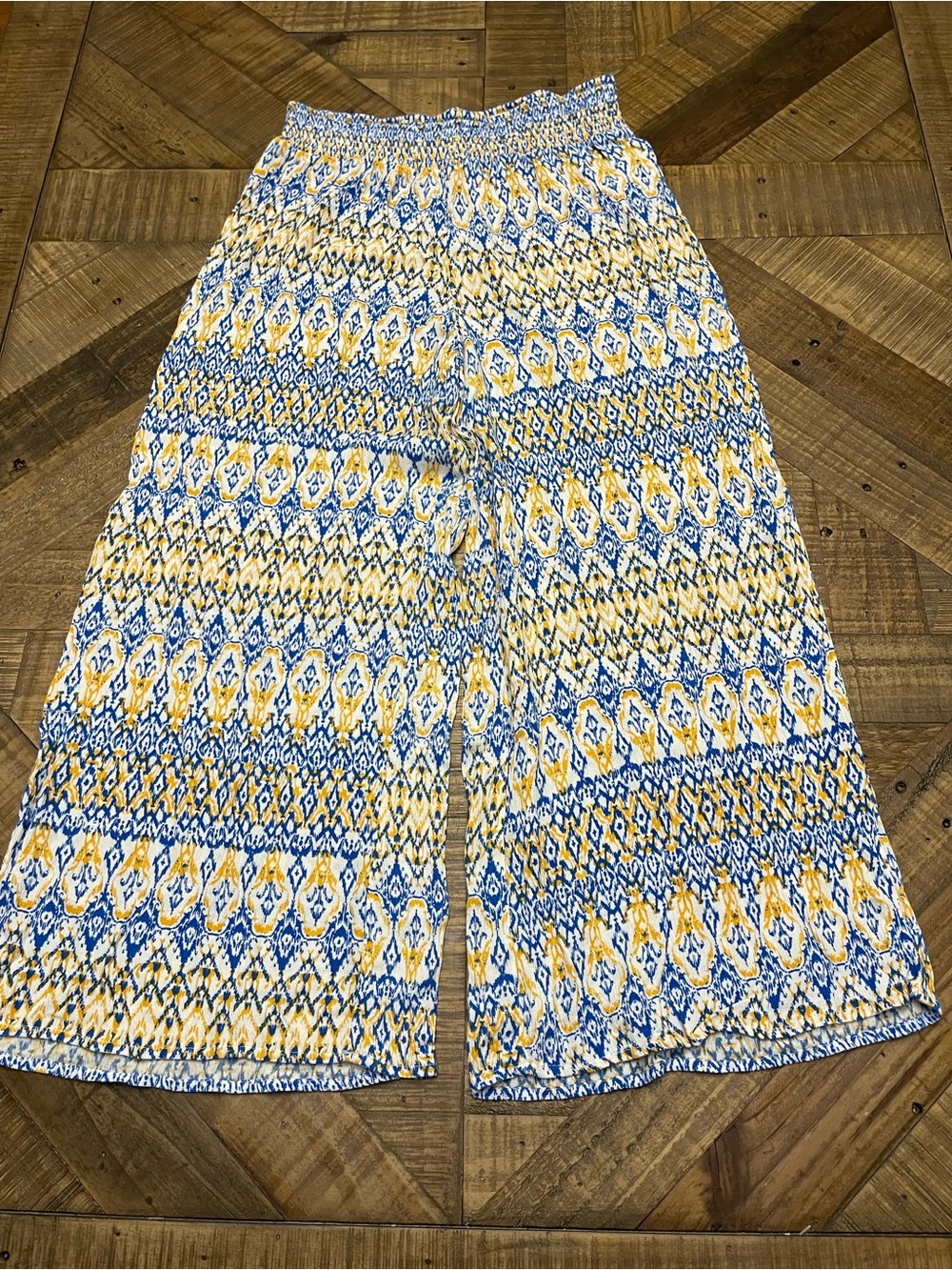 Scoop Blue & Yellow Mosaic Ikat Wide Leg Palazzo Pants - Size L